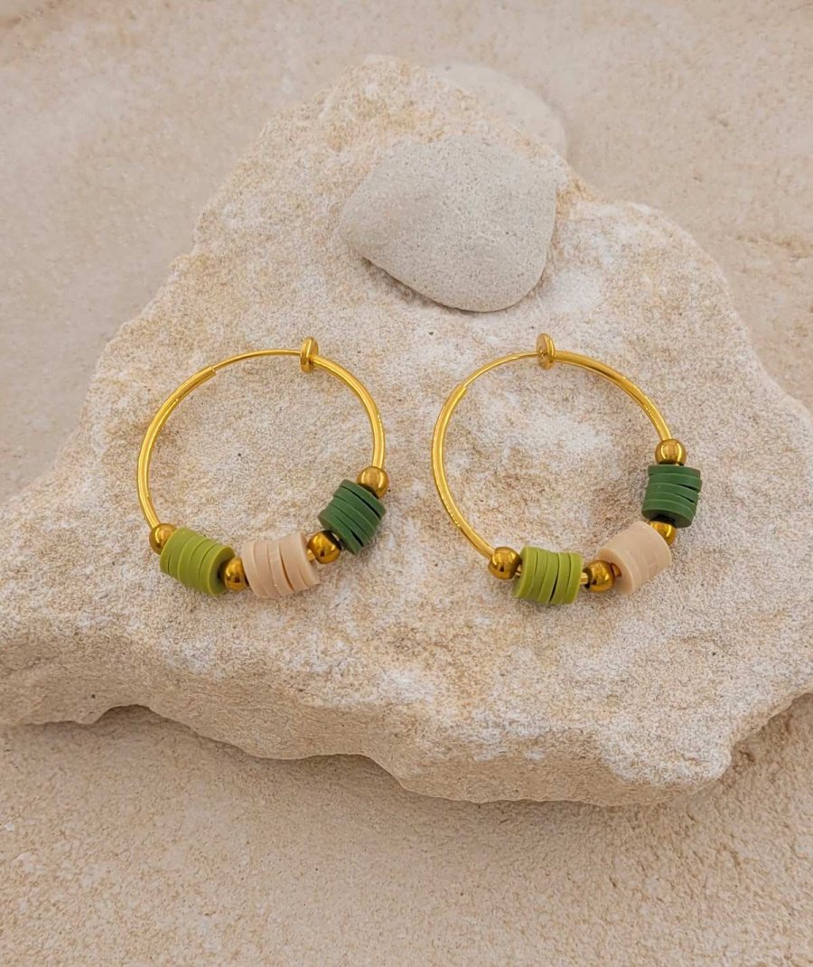 Créoles clip acier doré 3 cm charms tons verts - L'ultra-confort par Tara Pépita