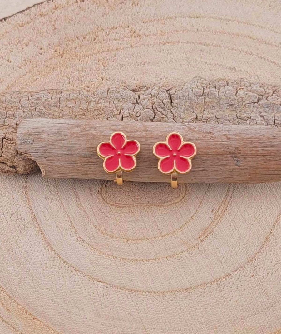 Petites boucles oreilles à clip fleur rouge pour les fillettes, oreilles non percées - Pépita by Tara Pépita