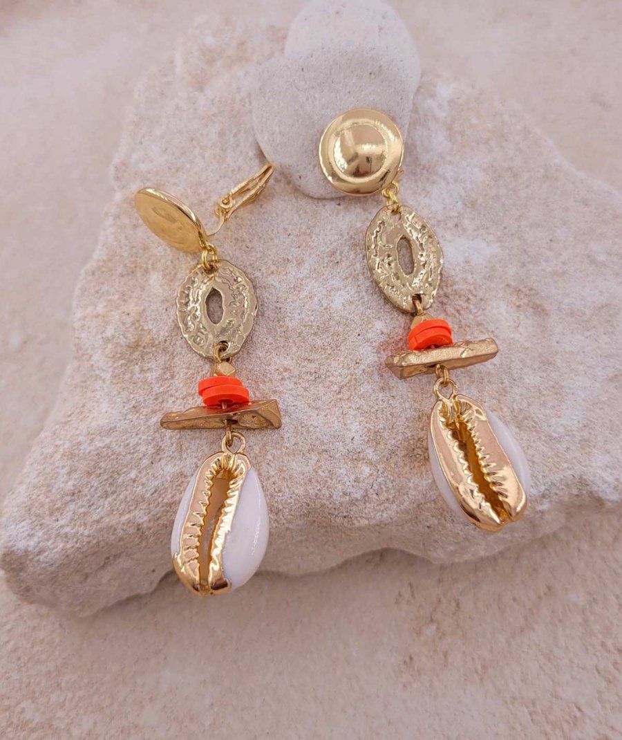 Boucles d'oreilles à clip coquillage corail Confort quotidien pour l'été – Création Tara Pépita