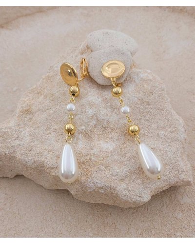 Boucles d'oreilles à clip dorées, pendantes, en perles esprit couture