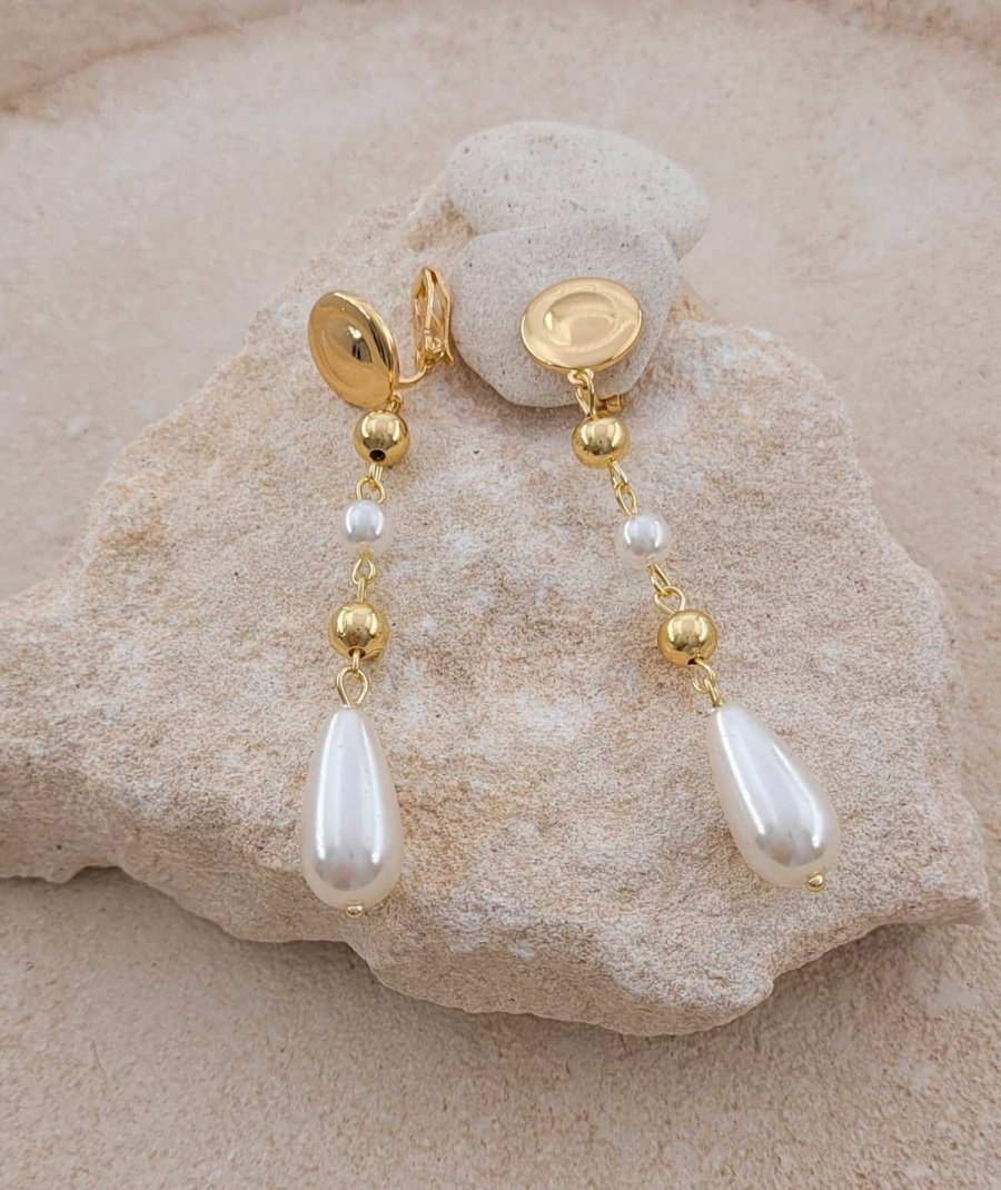Boucles d'oreilles à clip dorées, pendantes, en perles esprit couture