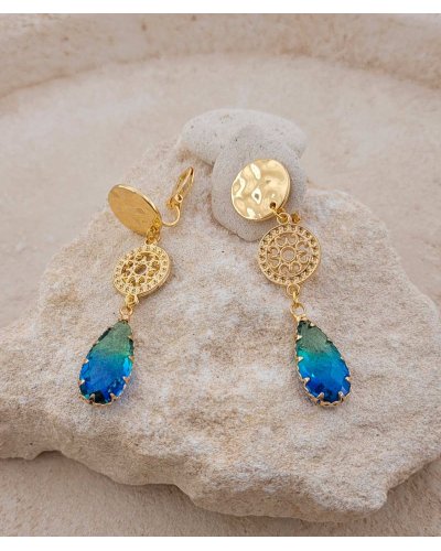 Boucles d'oreilles à clip cristal goutte bleu et vert canard
