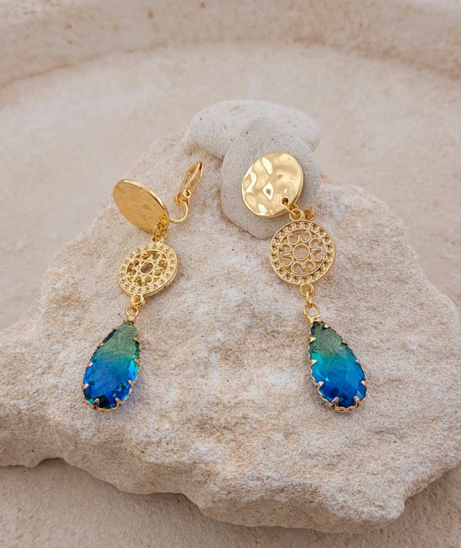Boucles d'oreilles à clip cristal goutte bleu et vert canard