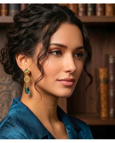 Boucles d'oreilles à clip cristal goutte bleu et vert canard