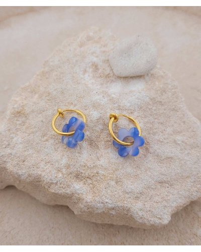 Mini créoles clip acier doré 15 mm acétate bleu clair Ultra-confort – Création Tara Pépita