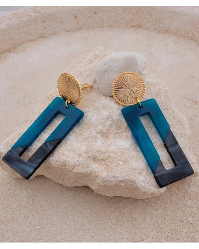 Boucles d'oreilles à clip géométriques bleu canard et noir Ultra-confort – Création Tara Pépita