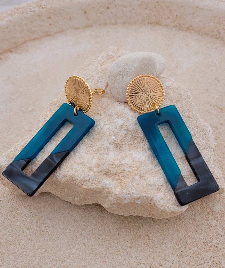 Boucles d'oreilles à clip géométriques bleu canard et noir Ultra-confort – Création Tara Pépita