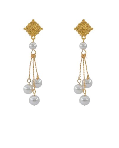 Boucles d'oreilles à clip pendantes perles sur 3 fils dorés torsadées. Elles sont mobiles et élégantes - Tara Pépita