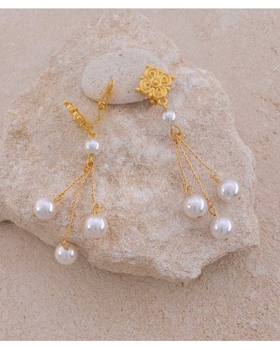 Boucles d'oreilles à clip pendantes perles sur 3 fils dorés torsadées. Elles sont mobiles et élégantes - Tara Pépita