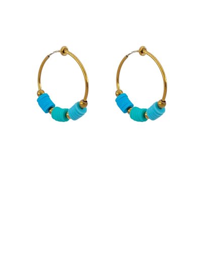 Créoles clip non percées en acier doré avec charms bleu aqua, résistantes et parfaites pour l'été - Tara Pépita