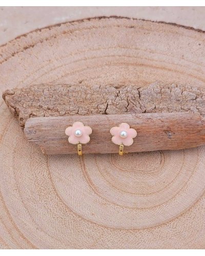 Adorables petites boucles d'oreilles à clip avec une fleur rose et petite perle  - Pépita by Tara Pépita