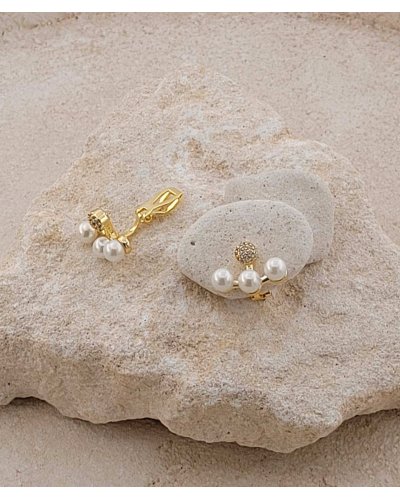 Boucles d'oreilles à clip avec 3 perles et des strass, façon balancier  - L'ultra confort par Tara Pépita