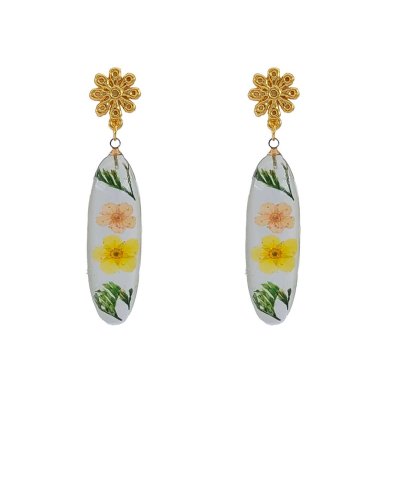Boucles d'oreilles à clip fleurs séchées jaune et rose, originales et fraîches de taille moyenne