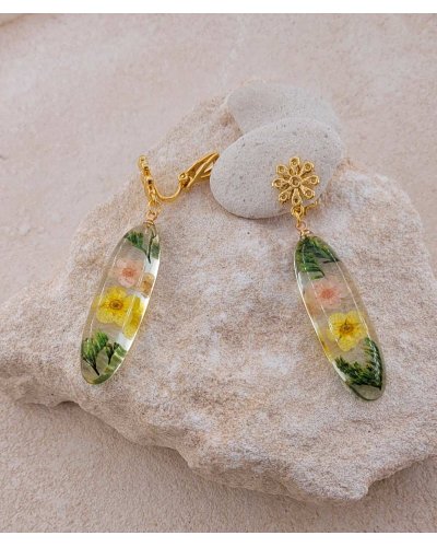 Boucles d'oreilles à clip fleurs séchées jaune et rose, originales et fraîches de taille moyenne