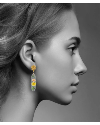 Boucles d'oreilles à clip fleurs séchées jaune et rose, originales et fraîches de taille moyenne