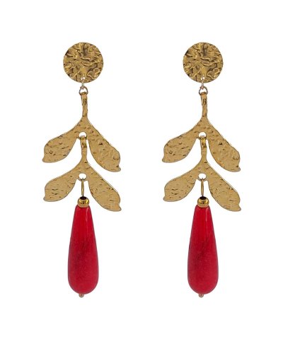 Boucles d'oreilles à clip en acier doré avec feuille et perle en jade rouge - Création Tara Pépita
