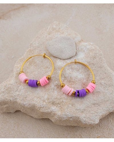 Créoles clip acier doré 3 cm façon surfeur tons rose, pour un été coloré - Création Tara Pépita