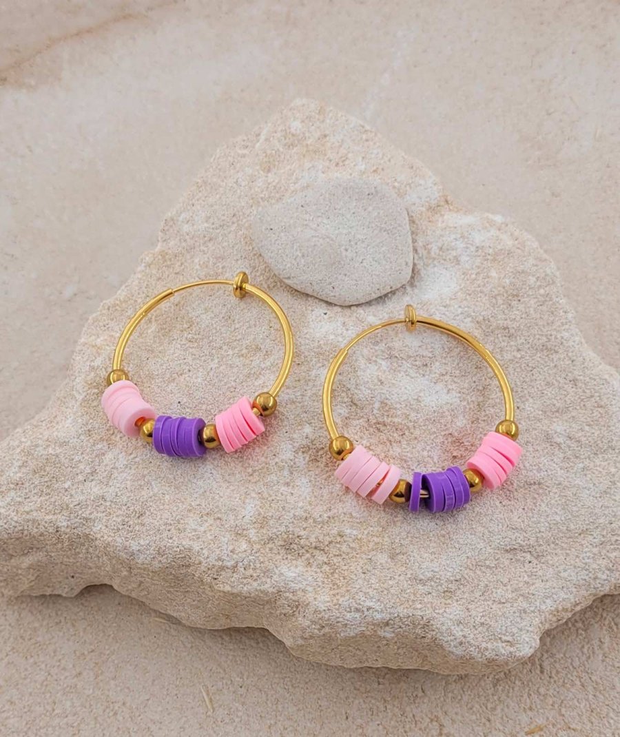 Créoles clip acier doré 3 cm façon surfeur tons rose, pour un été coloré - Création Tara Pépita