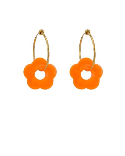 Créoles clip acier doré charms estivales avec une fleur couleur corail fluo pour un effet vacances