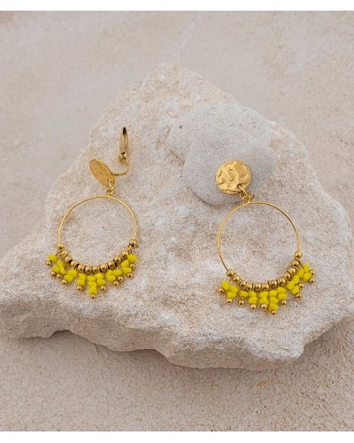 Boucles d'oreilles à clip en acier doré et pampilles cristal jaune, lumineuses et estivales - L'ultra-confort par Tara Pépita