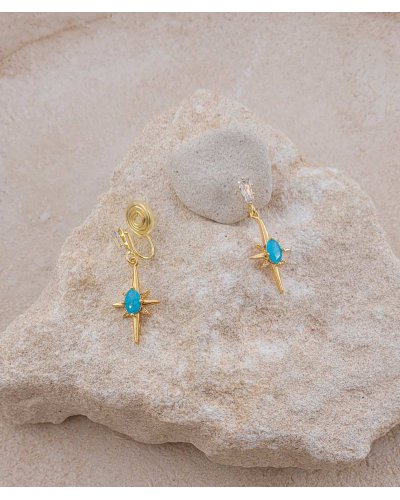 Petites boucles d'oreilles à clip pendante avec une étoile zircon turquoise - L'ultra-confort par Tara Pépita