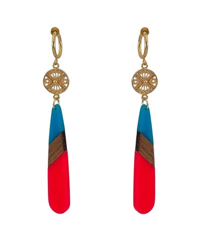 Boucles d'oreilles à clip en bois et résine rose vif et bleu - Création Tara Pépita