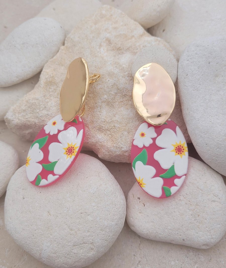 Boucles oreilles à clips fleurs choix de 4 couleurs motif estival