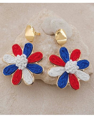 Boucles d'oreilles à clip bleu blanc rouge, drapeau français, en raphia pour oreilles non percées