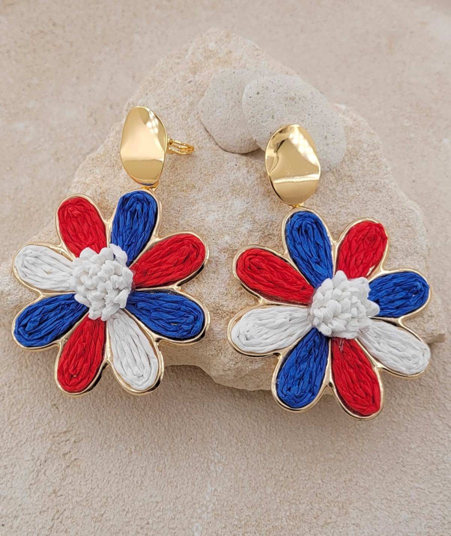 Boucles d'oreilles à clip bleu blanc rouge, drapeau français, en raphia pour oreilles non percées