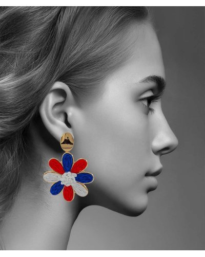 Boucles d'oreilles à clip bleu blanc rouge, drapeau français, en raphia pour oreilles non percées