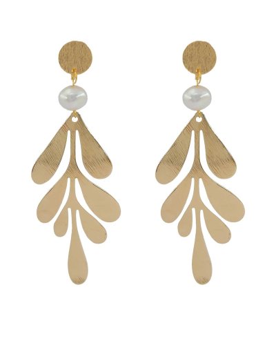 Longues boucles d'oreilles à clip feuille dorée et perle blanche nacrée