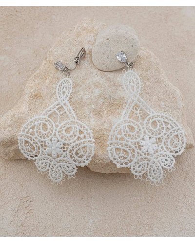 Boucles d'oreilles à clip dentelle blanche rhodiées