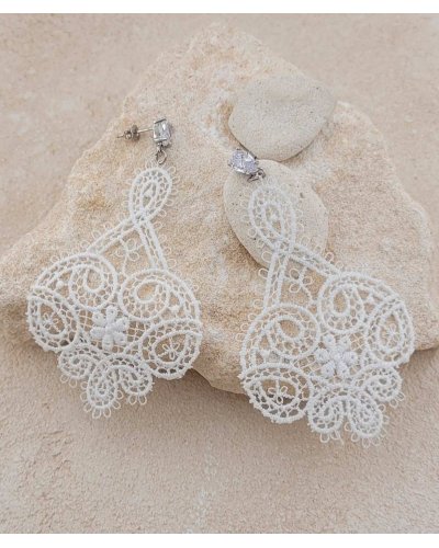 Boucles d'oreilles dentelle blanche rhodiées