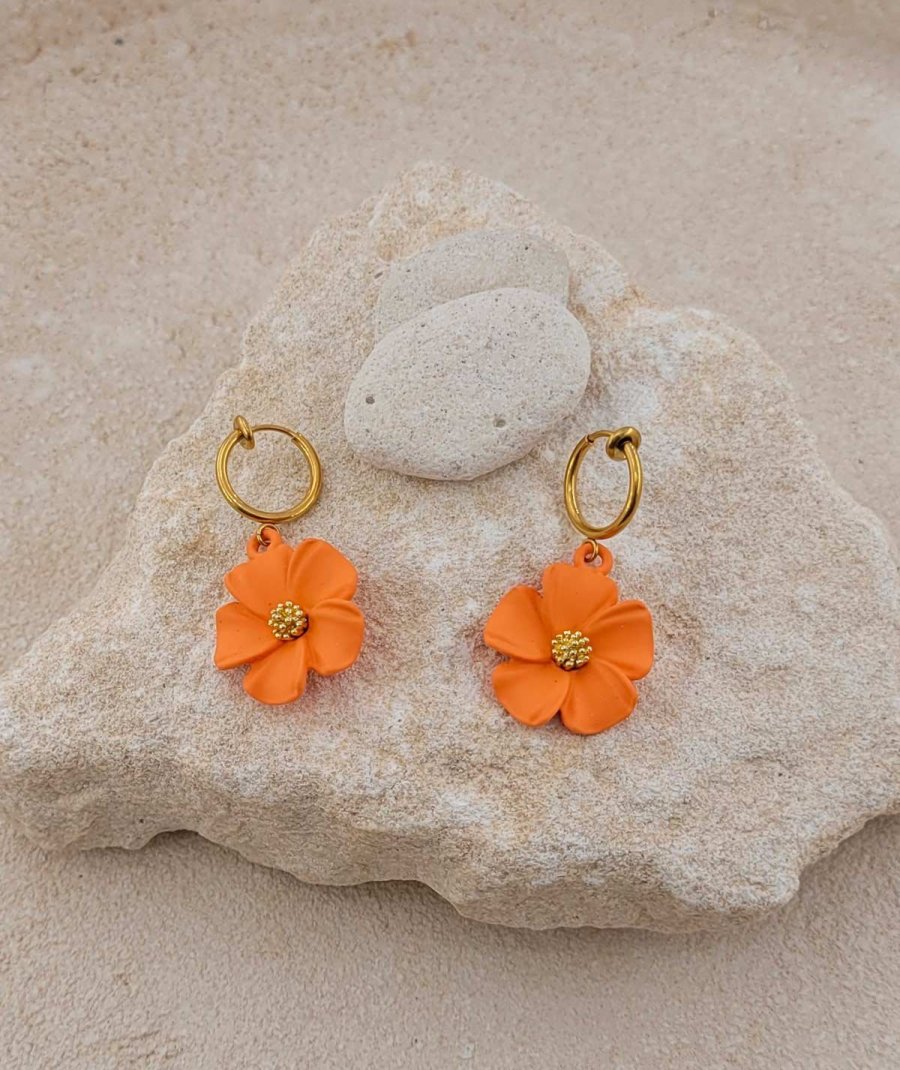 Petites boucles d'oreilles pendantes à clip fleur orange