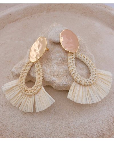 Très grandes boucles d'oreilles à clip en raphia beige - Look d'été