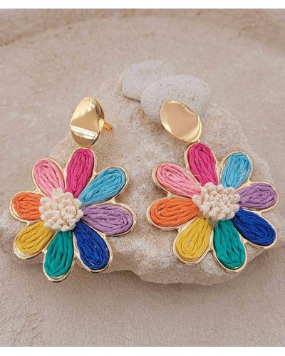 Boucles d'oreilles à clip en raphia multicolores