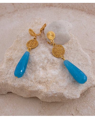 Boucles d'oreilles à clip pendante en Jade bleu turquoise - Création Tara Pépita