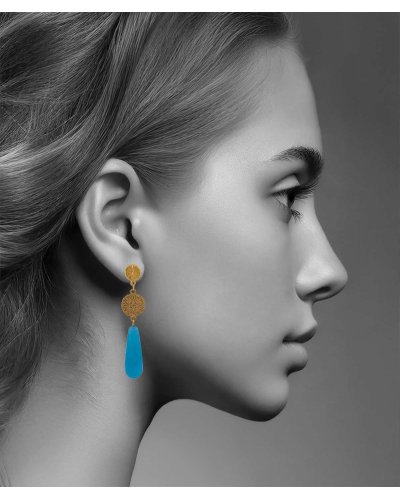 Boucles d'oreilles à clip pendante en Jade bleu turquoise - Création Tara Pépita