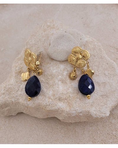 Boucles d'oreilles à clip acier doré agate marine - L'ultra-confort par Tara Pépita