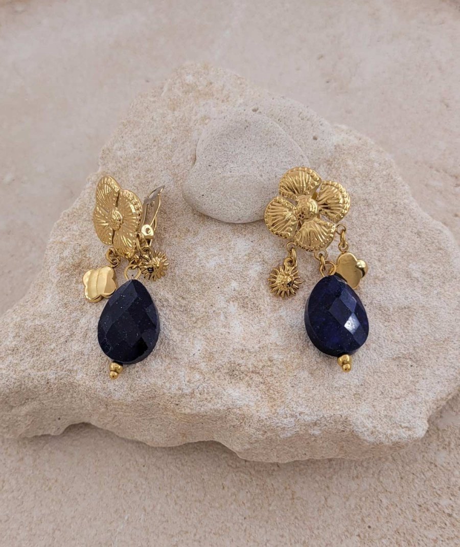 Boucles d'oreilles à clip acier doré agate marine - L'ultra-confort par Tara Pépita