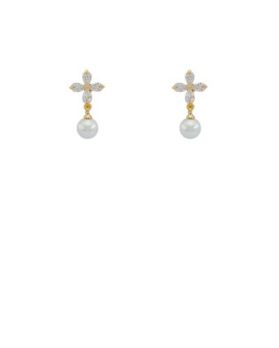 Petites boucles d'oreilles à clip pendantes dorées zirconium et perle - Collection Clips précieux