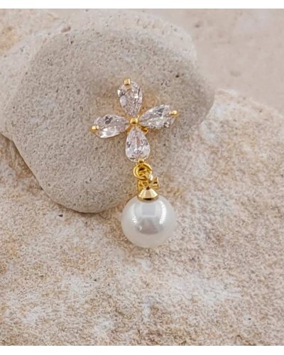 Petites boucles d'oreilles à clip pendantes dorées zirconium et perle - Collection Clips précieux