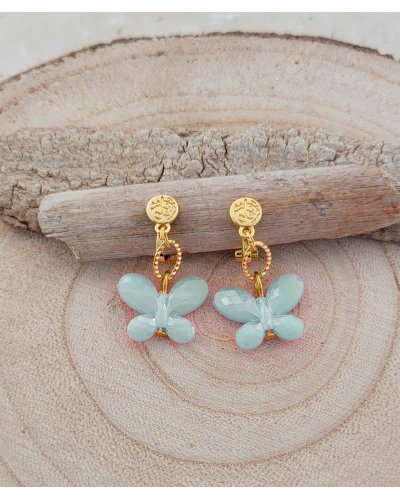 Boucles oreilles à clips créateur avec un papillon vert d'eau pour les filles qui veulent faire comme maman