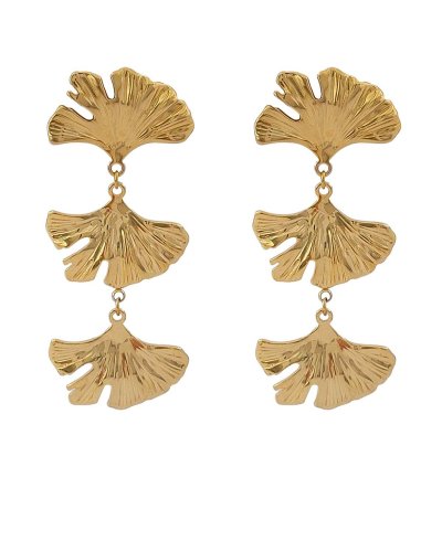 Boucles d'oreilles à clip en acier doré ginkgo, pendantes