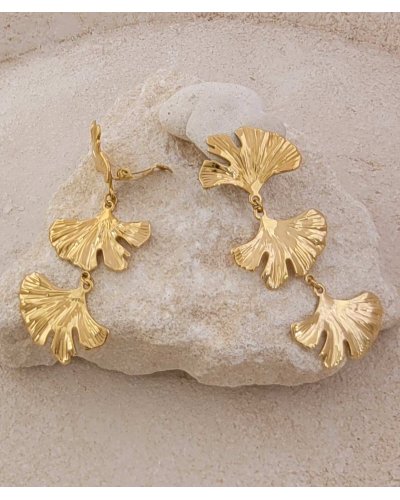 Boucles d'oreilles à clip en acier doré ginkgo, pendantes