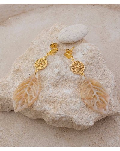 Boucles d'oreilles feuille acétate beige