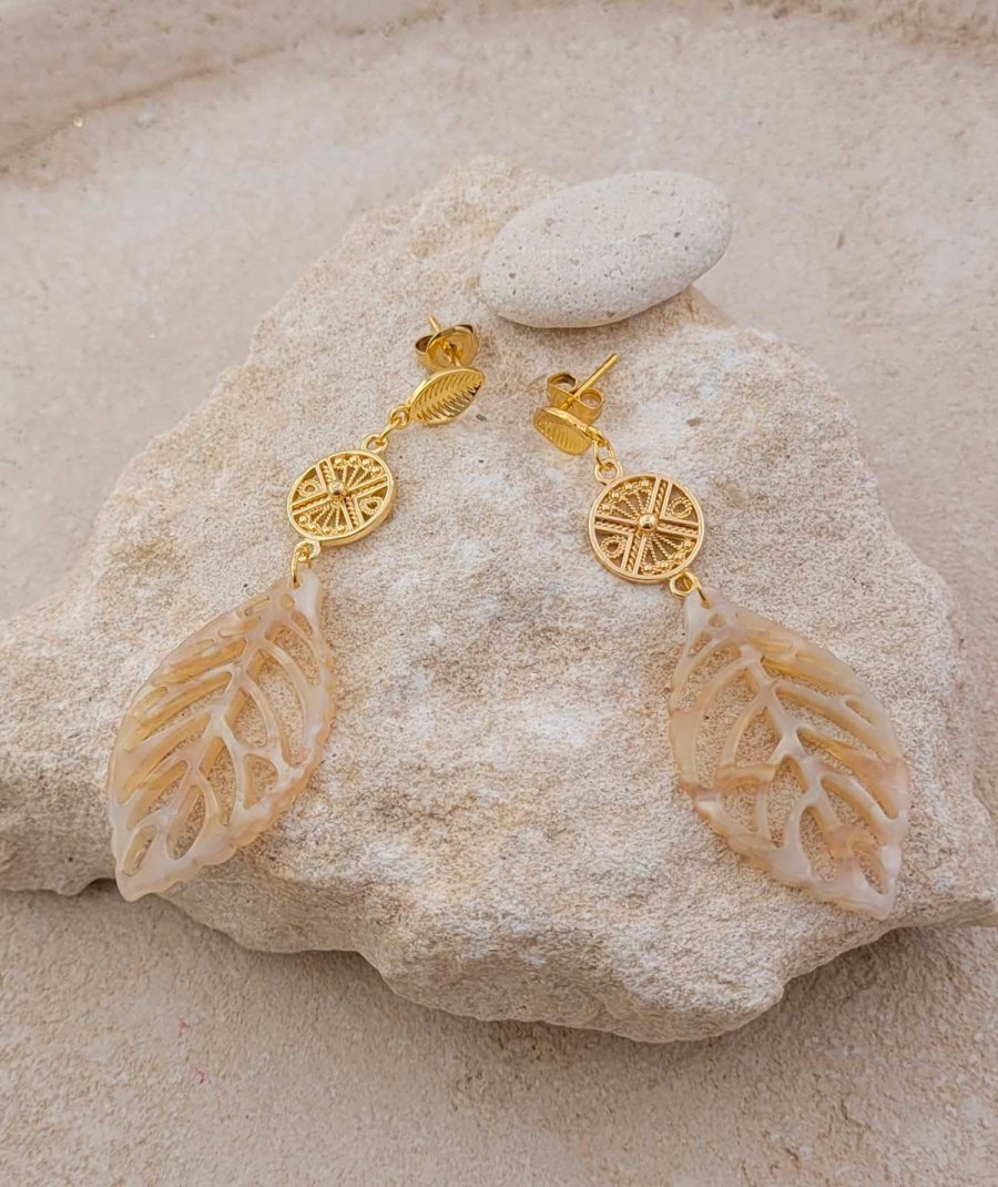 Boucles d'oreilles feuille acétate beige