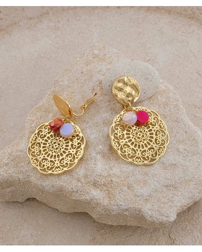 Boucles d'oreilles clips filigrane breloques rose - Création Tara Pépita