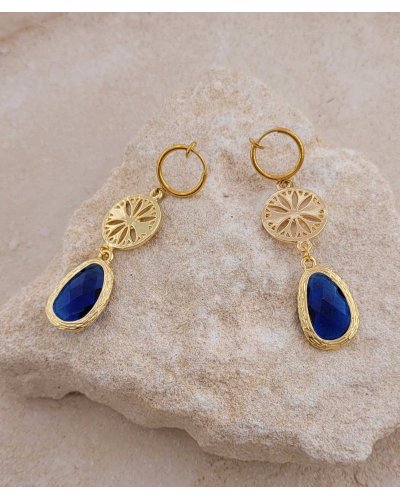 Boucles d'oreilles à clips pendantes en cristal bleu saphir - Création Tara Pépita