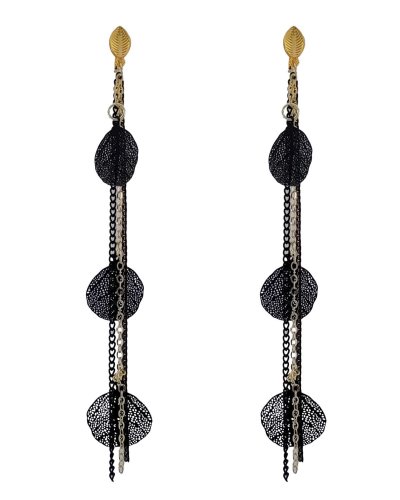 Très longues boucles oreilles à clip pendantes feuilles et chaines noires et dorées, légères.